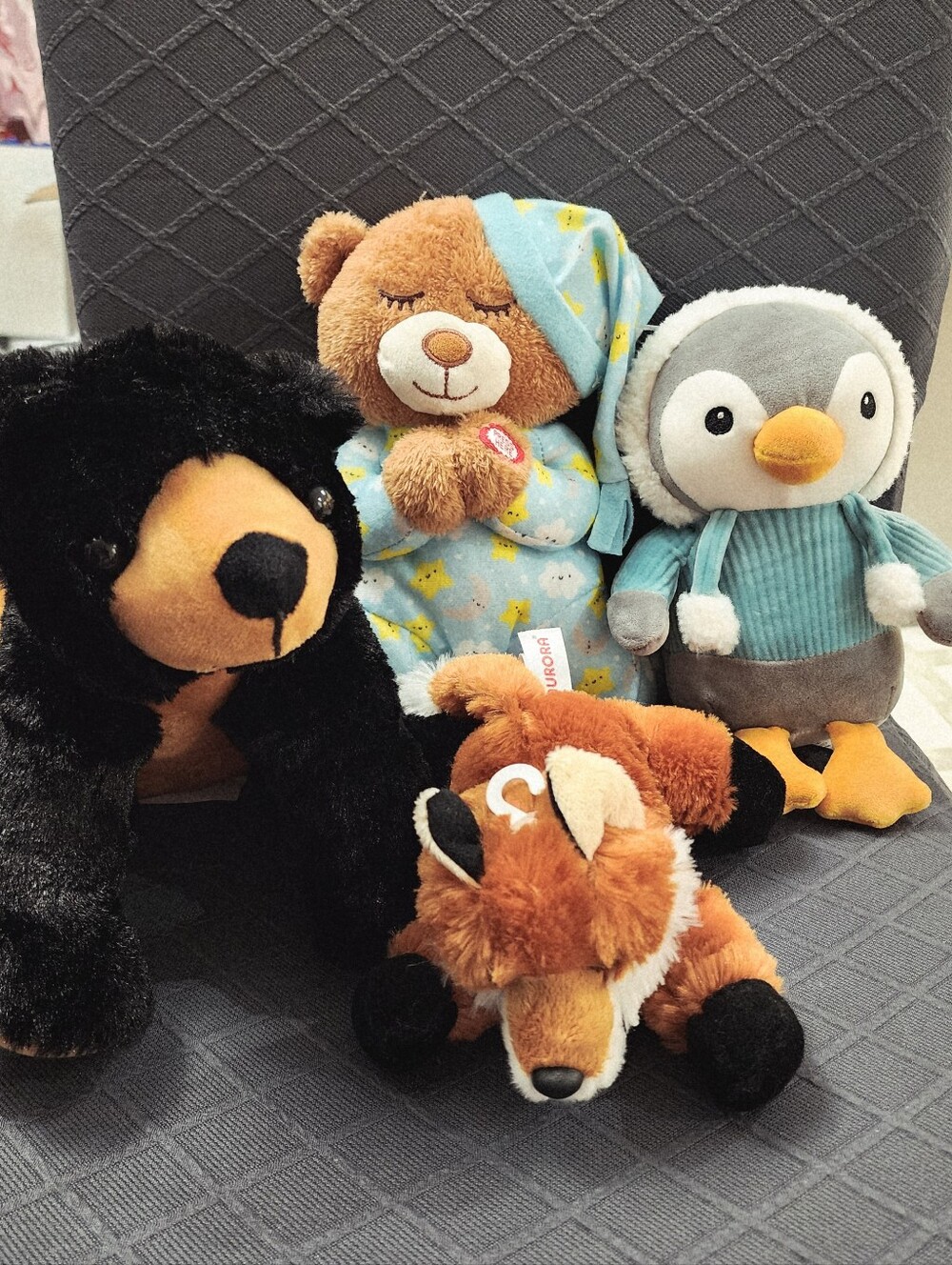 Plush Woodland Animal Toy Set - Brown Bear, Black Bear, Gray Penguin, Orange Fox
